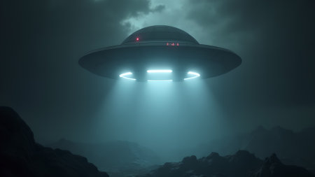 A mysterious UFO hovers over a rocky landscape bathed in soft, blue light. The dark, cloudy sky adds to the enigmatic atmosphere of this extraterrestrial encounter.の素材