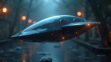 A dark, sleek, futuristic vehicle flies above a blurry city. Its reflective surface shines with orange lights, adding a mysterious touch to this modern and artistic scene.の素材