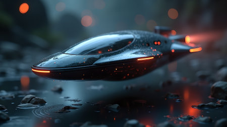 A futuristic vehicle hovers over a dark reflective water surface, blending advanced technology with a mysterious ambiance.の素材
