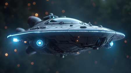 Detailed illustration of a sleek, futuristic spacecraft gracefully soaring through a starlit atmosphere, emphasized by strategically placed blue lights, signifying advanced technology and interstellar explorationの素材