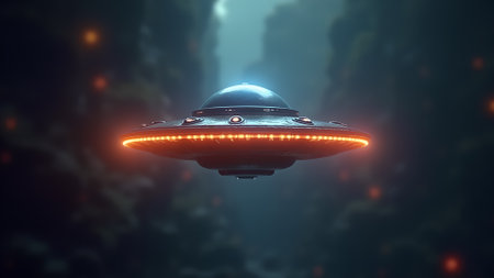 An unidentified flying object hovers silently within a glowing, otherworldly canyon, sparking imagination and suggesting an encounter beyond our known reality.の素材