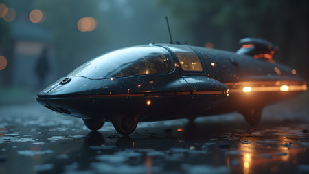 A retro-futuristic vehicle glides on a reflective, wet surface amidst a blurred cityscape, evoking a sense of mystery and technological advancement.の素材