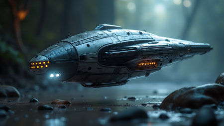 A futuristic spaceship hovers low over a tranquil waterway, set against a serene forest backdrop. The metallic craft reflects its surroundings, blending science with nature's beauty.の素材