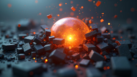 A radiant orb emits a warm glow, nestled amongst dark, fragmented cubes. This image conveys a sense of powerful energy and a captivating collision of elements.の素材