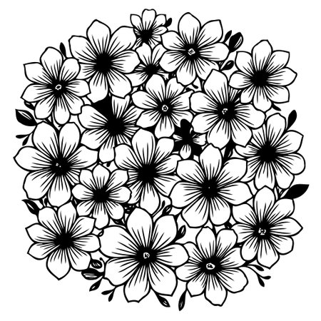 A detailed monochrome illustration shows a circular arrangement of various blooming flowers, emphasizing petals and design for elegant botanical artwork.のイラスト素材