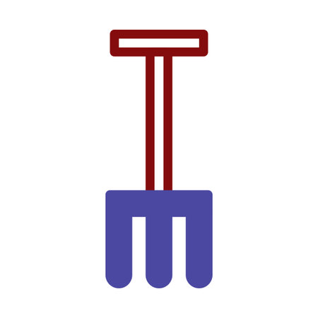 A minimalist illustration of a garden fork featuring a blue tine section and a maroon handle. It is suited for garden tool icon or gardening themed graphics.のイラスト素材