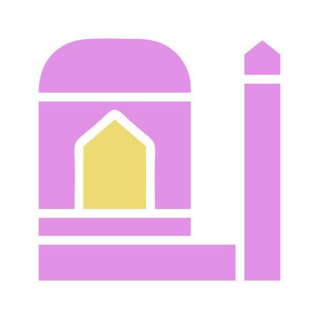 A simplified vector illustration depicts a mosque with a minaret, using a soft pastel color palette. The minimalist design evokes a sense of serenity and cultural appreciation.のイラスト素材