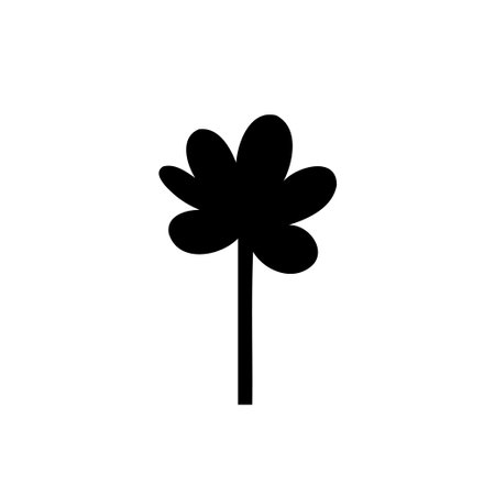 A minimalist botanical illustration showcases a black, stylized flower. Its simple yet artistic design makes it perfect for various creative projects. Isolated on white, suitable for decorative use.のイラスト素材