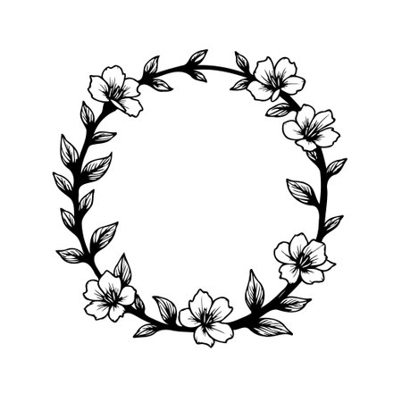 Elegant black and white floral wreath illustration. Perfect for invitations, stationery, or designs requiring a touch of understated natural beauty and classic vintage charm.のイラスト素材