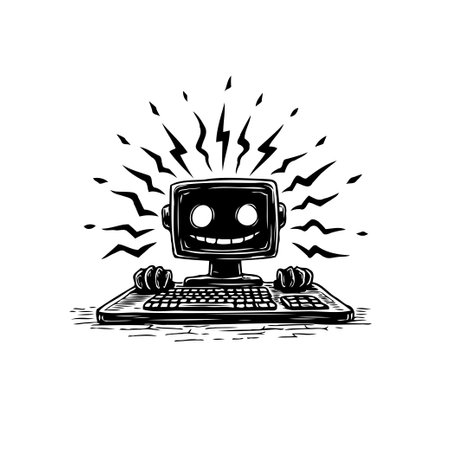 A hand-drawn illustration features a cheerful robot operating a vintage computer. The monochrome artwork conveys a blend of retro technology and whimsical character design.のイラスト素材