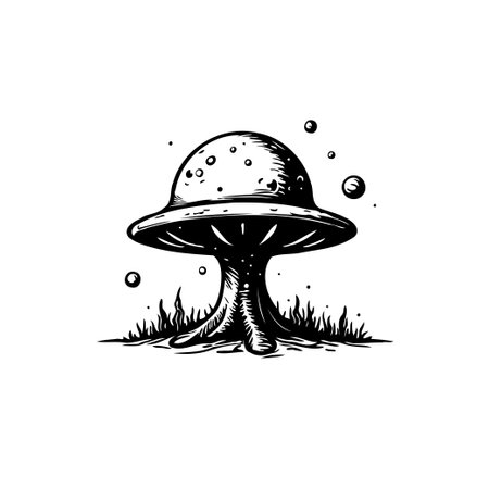 A captivating monochrome illustration presents a textured mushroom, surrounded by whimsical spores. Evoking a sense of fantasy, the drawing blends botanical elements with surreal artistry.のイラスト素材