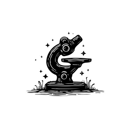 A stylized monochromatic illustration shows a microscope with celestial accents, representing...