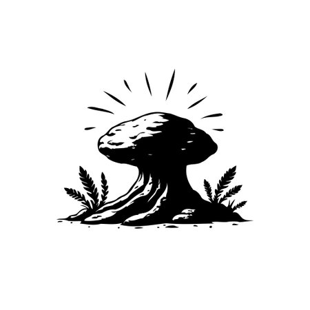 A monochromatic drawing shows a stylized mushroom against a blank background, with simple radiating lines above. The surrounding vegetation lends a natural, organic quality.のイラスト素材
