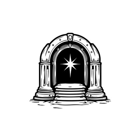 Stylized monochrome illustration depicting an archway or portal adorned with a radiant star, suggesting a gateway to another world or an entrance to the unknown.のイラスト素材