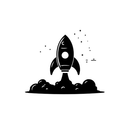 A stylized black and white illustration of a rocket launching, conveying themes of innovation, future aspirations, and the thrill of discovery. Ideal for tech, travel and development concepts.のイラスト素材