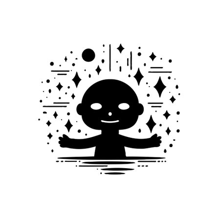 Stylized minimalist illustration of a child figure surrounded by stars and celestial elements. The monochrome design evokes a sense of wonder, imagination, and peaceful contemplation, celebrating innocence and hope.のイラスト素材