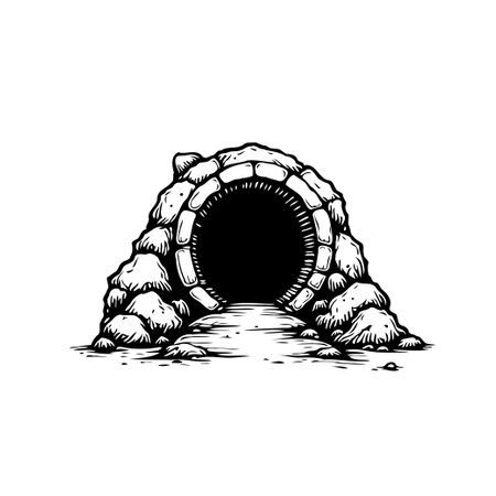 A detailed monochromatic illustration of a stone portal. The dark opening creates a sense of mystery, ideal for fantasy or graphic designs.のイラスト素材