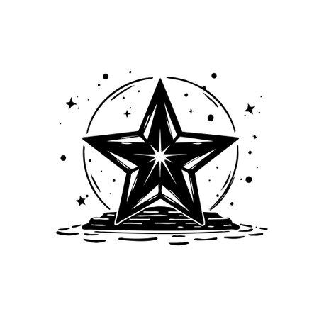 A stylized black and white graphic illustration of a star is set within a celestial scene. The design evokes a magical and artistic feel with decorative stellar elements.のイラスト素材