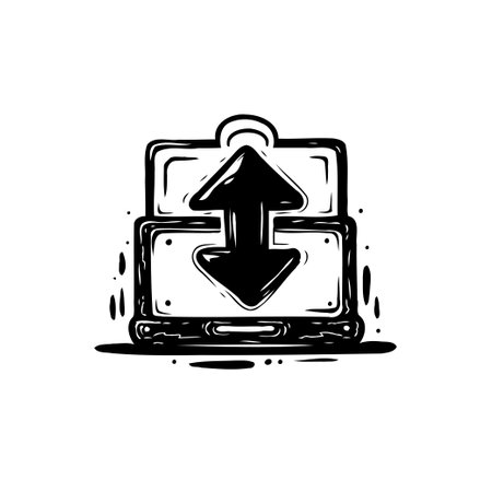 A stylized illustration of a laptop with upward and downward arrows signifies data exchange, conveying the concept of uploading and downloading information in a digital context.のイラスト素材
