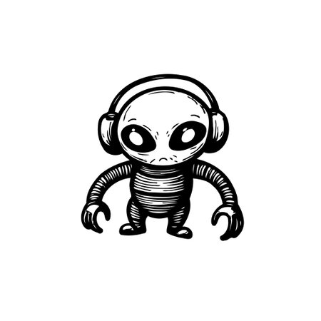A whimsical, monochrome cartoon illustration featuring an alien creature wearing headphones. The stylized design is suitable for various artistic projects and entertainment media.のイラスト素材