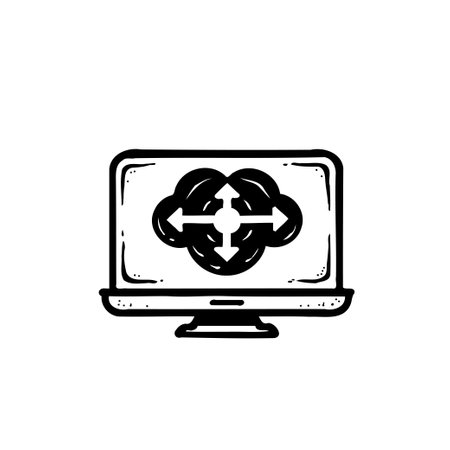 Stylized vector illustration showing a cloud icon with arrows inside a computer monitor. Illustrates network connections, computing and data transfer concepts.のイラスト素材