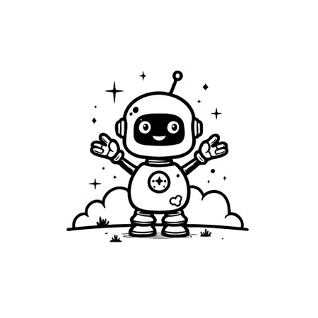 Charming robot cartoon character stands cheerfully amidst dreamy clouds and twinkling stars, symbolizing technology's whimsical side and boundless potential.のイラスト素材