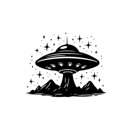 A black and white illustrative depiction of a UFO landing in a mountainous area under a starry sky. Evokes a sense of mystery and exploration.のイラスト素材