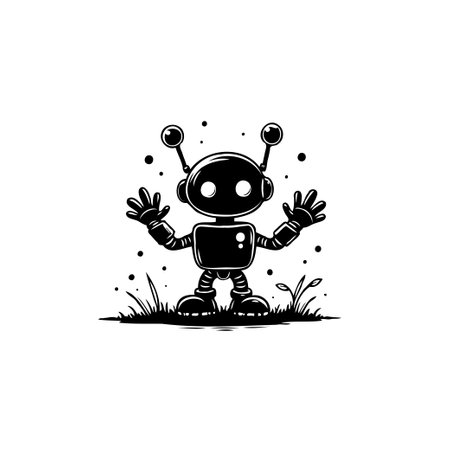 A friendly robot stands on a grassy patch. Rendered in monochrome, it blends retro style with playful design, perfect for digital art or tech concepts.のイラスト素材