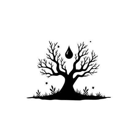 A silhouette of a tree with a single water droplet above symbolizes ecology. Represents the vitality of nature, conservation, and environmental awareness in a minimal design.のイラスト素材