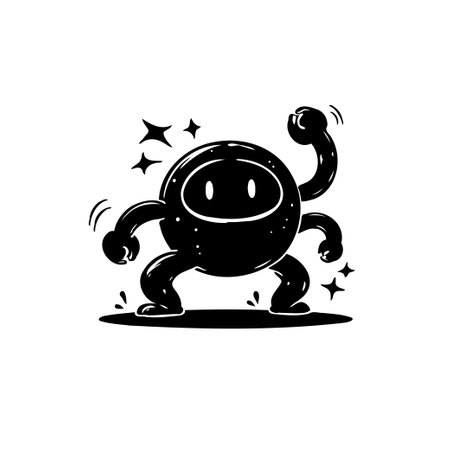 A cheerful cartoon character rendered in black and white exudes playful energy with its dynamic pose. The whimsical design features simple shapes and sparkling accents, creating a fun and engaging illustration.のイラスト素材
