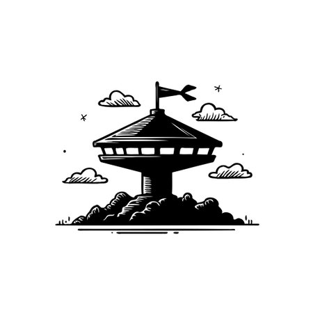 A bold, black and white graphic features a stylized observation tower perched atop a hill, complete with a flag and surrounding clouds.のイラスト素材
