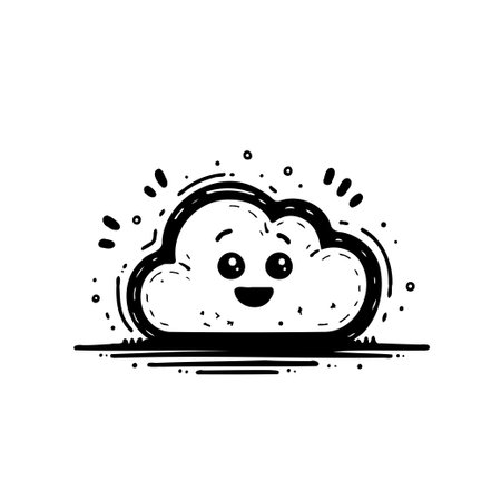 A charming cartoon cloud character showcases a happy, playful expression. The minimal monochrome design makes it versatile for illustrations and graphic projects. Perfect for conveying innocence and cheerfulness.のイラスト素材