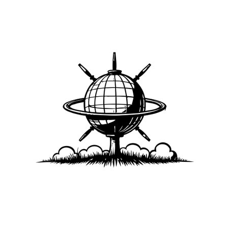 A stylized monochrome illustration showing a conceptual globe with an equatorial ring, representing global connection and scientific exploration. Suitable for various applications.のイラスト素材
