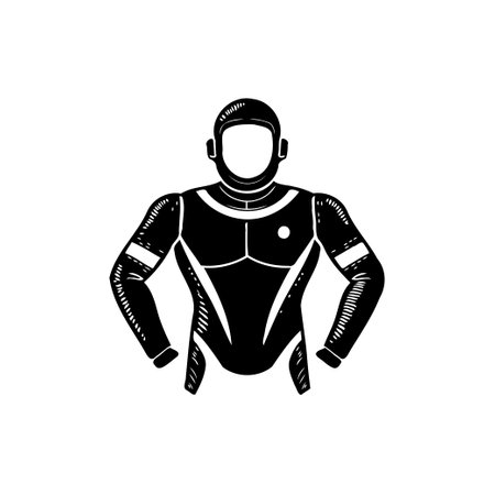 Isolated graphic illustration depicting a stylized figure in a sleek, dark spacesuit. The design emphasizes protection and futuristic elements, rendered in a clean silhouette.のイラスト素材