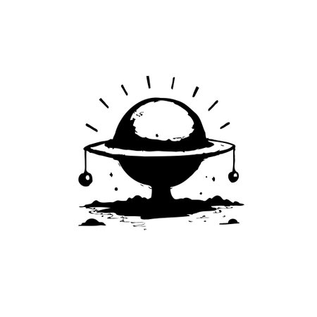 A stylized illustration of a UFO landing, rendered in black and white with a minimalist aesthetic. The design evokes themes of extraterrestrial visitation and futuristic technology.のイラスト素材