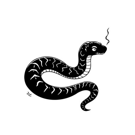 A stylized illustration of a serpent. Rendered in black and white, the snake features textured...