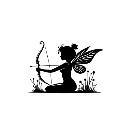A silhouette of a whimsical fairy archer with wings, holding a bow and arrow, kneeling amid tall grass, creating a magical and narrative design.のイラスト素材