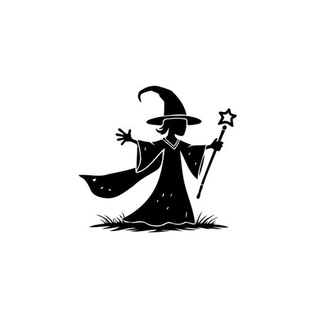 A silhouette depicts a young witch holding a star wand, ready to cast a magic spell in grass. This simple yet charming illustration embodies Halloween spirit.のイラスト素材