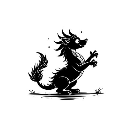 A cartoon-style dragon stands playfully, rendered in bold black and white. Its design is stylized and whimsical, perfect for illustrations and designs needing a touch of fantasy.のイラスト素材