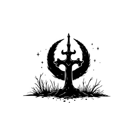 A striking black and white image featuring a stylized sword silhouette. Set against a mystical, celestial backdrop, the emblem exudes a sense of fantasy and gothic inspiration.のイラスト素材