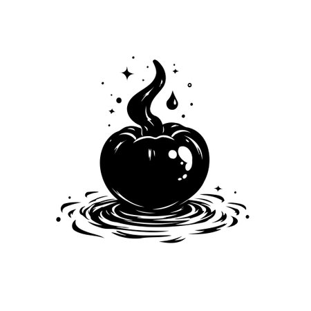 An evocative illustration features a dark, fantastical fruit emerging from swirling liquid, accented by cosmic sparkles, offering a dreamy and surreal artistic concept.のイラスト素材