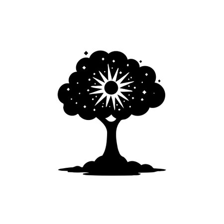 A symbolic tree silhouette features a bright, sun-like center surrounded by cosmic stardust, conjuring feelings of magic, imagination, and timeless existence in a serene environment.のイラスト素材