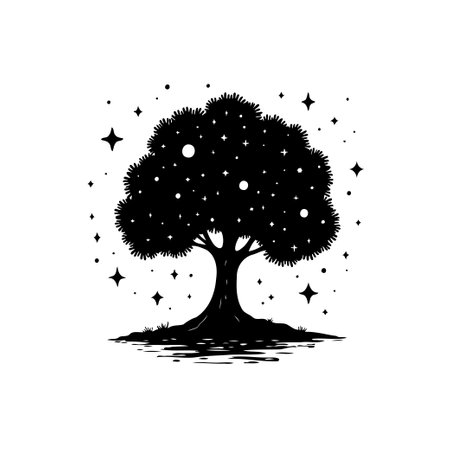 A stylized silhouette of a tree stands bathed in starlight, creating a serene, celestial-inspired atmosphere. Perfect for adding a magical, dreamy touch to any project.のイラスト素材
