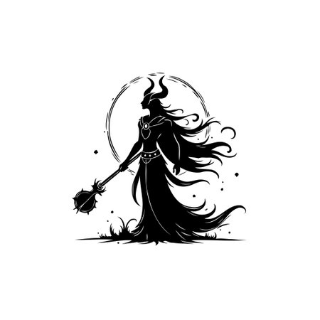 This striking silhouette portrays a horned sorceress, her form radiating power and mystique as she wields a formidable mace, embodying ancient magic.のイラスト素材