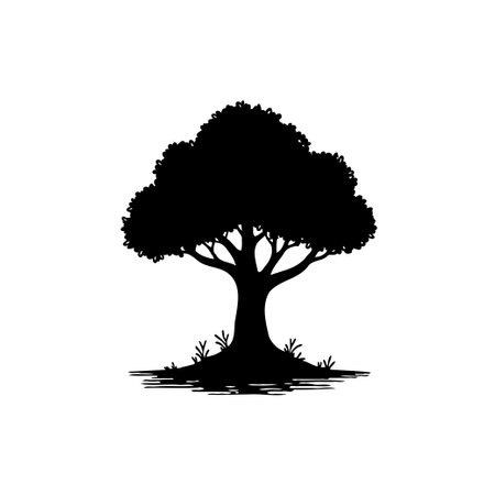 An isolated tree silhouette, symbolizing natural beauty and ecological balance. A versatile element suitable for designs, emphasizing peaceful environments and environmental responsibility.のイラスト素材