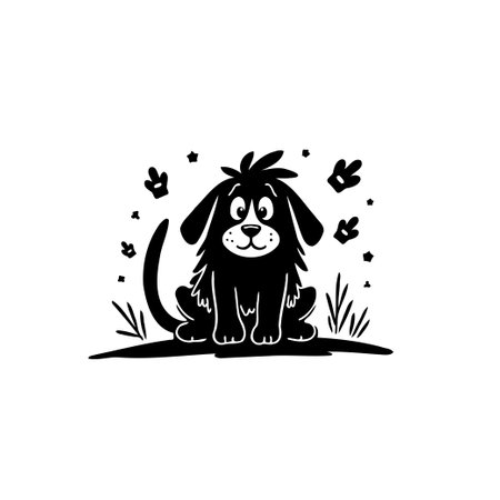A charming black and white illustration features a cute, cartoon dog seated on the ground with simple plant and star elements, created in a hand-drawn style for a playful and whimsical vibe.のイラスト素材
