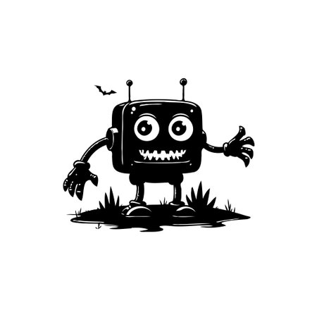 A playful cartoon illustration showcases a square-bodied robot with antennas, standing on grass, against a white background. Its waving arms and cheerful smile add a touch of whimsy.のイラスト素材