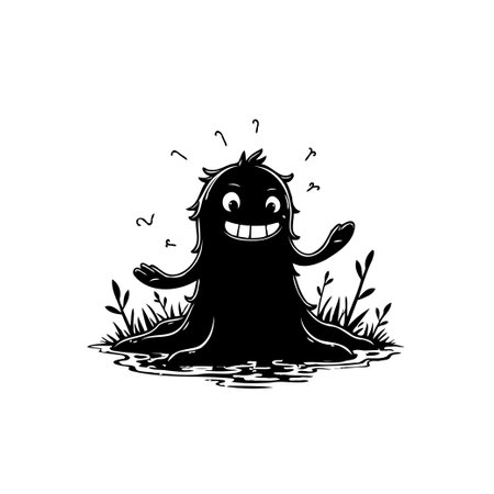 A charming black and white illustration of a cheerful, whimsical forest creature with a broad smile. The stylized design evokes a sense of playful fantasy and comical wonder.のイラスト素材