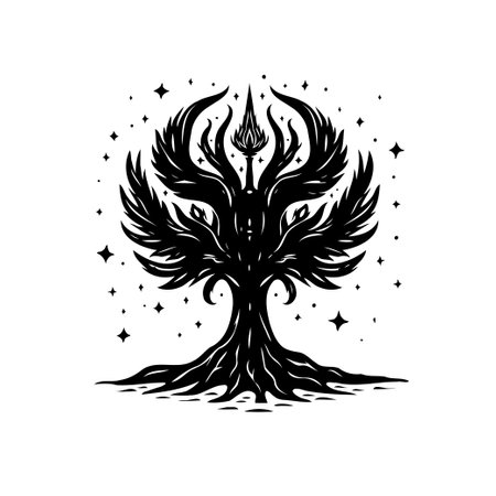 Elegant stylized tree illustration with wing-shaped leaves and star-like details. Evokes a sense of mystery, fantasy, and the ethereal. Suitable for various projects.のイラスト素材