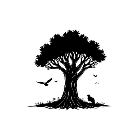 A black and white silhouette of a solitary tree provides a peaceful, artistic, and stylized look at the beauty of nature. Birds soar above and a dog stands near the trunkのイラスト素材